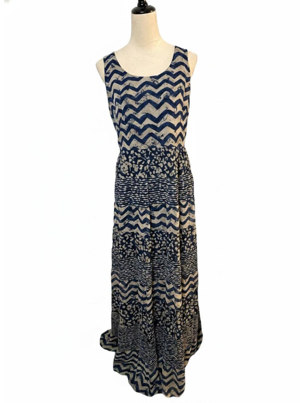 Vintage Betsey Johnson Abstract Maxi Dress Blue Beige Cut-Out Sleeveless Size 10